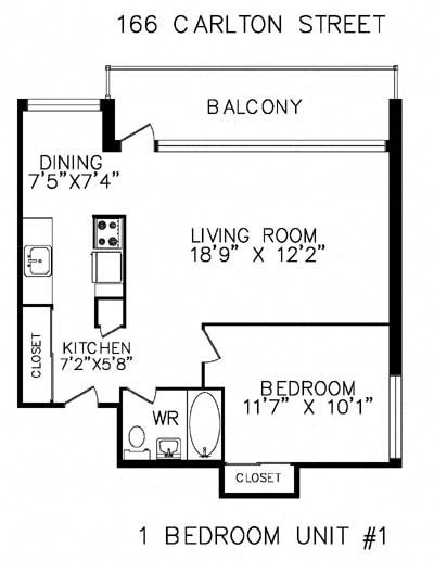 Floor plan for 1 bed, 1 bath, 615 sqft